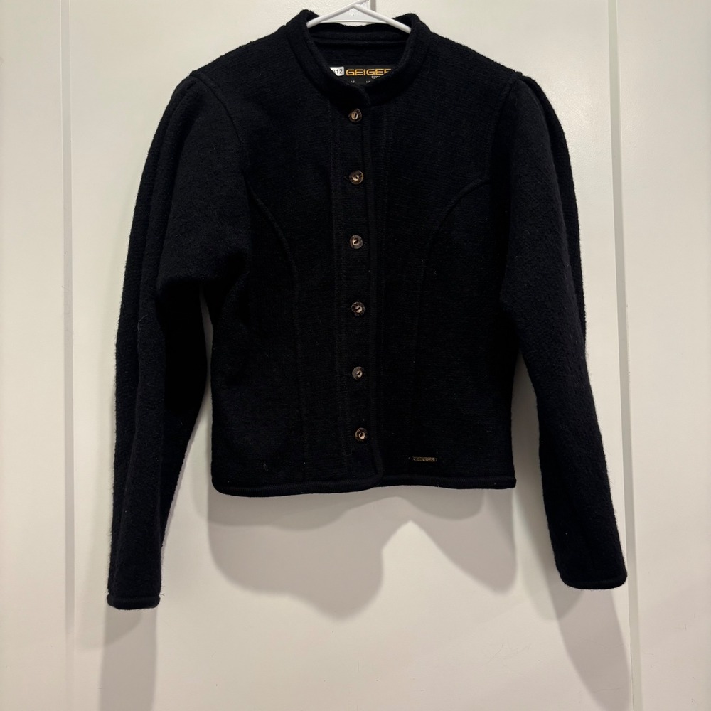 Geiger Boiled Wool Cardigan Jacket Black Austrian Button Front Size 12